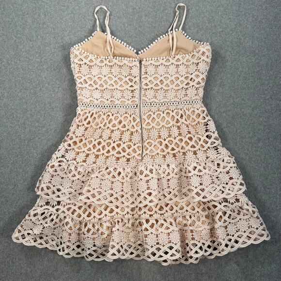 Lulus Lace Overlay Mini Dress Women's Medium Beige Tiered Ruffle Sleeveless - Picture 10 of 10